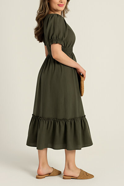 MILANOFOX Women's Khaki Double Breasted Collar Gipeli Muslin Dress - Short Sleeve Summer Casual Midi Dress