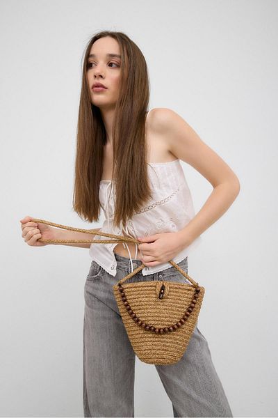 Shule Bags Geantă de paie Piccolo, realizată manual, cu mărgele, din nurcă