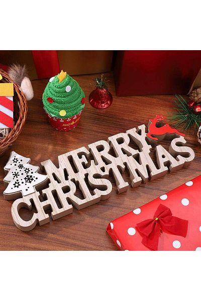 BESPORTBLE LED Christmas decoration, natural/red, wood, 28.5 x 10.5 cm