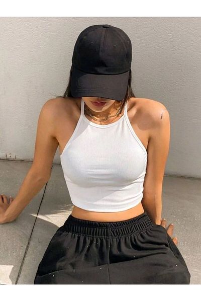 Stail Moda Lillesol Women's Ribbed Look Basic White Undershirt with Rope Strap
