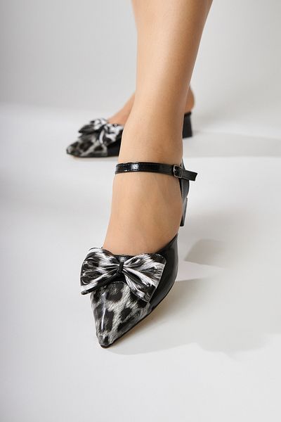 Limoya Silvia Black Ankle Strap Leopard Bow Women's Sandals