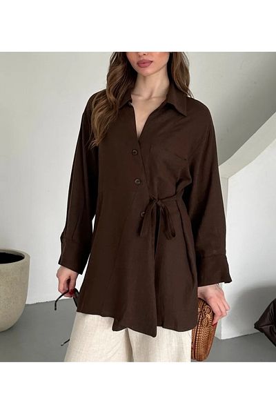 My Blog Кафява риза с кръстосани копчета и колан на талията - 5258