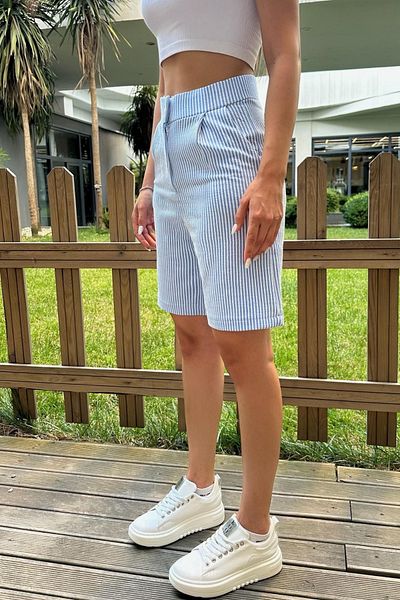 BİKELİFE Women's Linen Blend Comfortable Flowing Striped Shorts