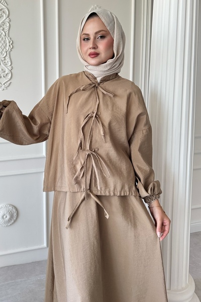 InStyle Milk Brown Suit with Tie Detail Skirt
