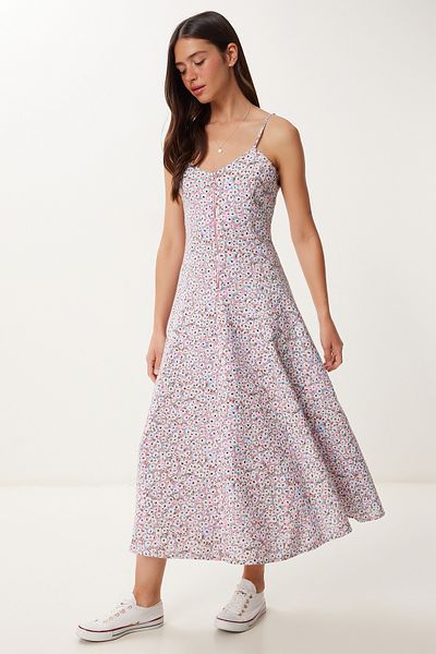 Lovelyİstanbul Rochie Midi din in cu model cu bretele PINK BONE LFK0019
