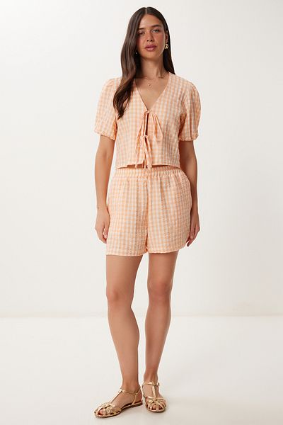 Lovelyİstanbul Checkered Blouse Shorts Woven Suit Oranj Lfk0016