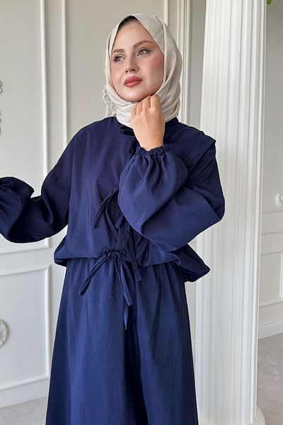 InStyle Dark Navy Blue Suit with Tie Detail Skirt