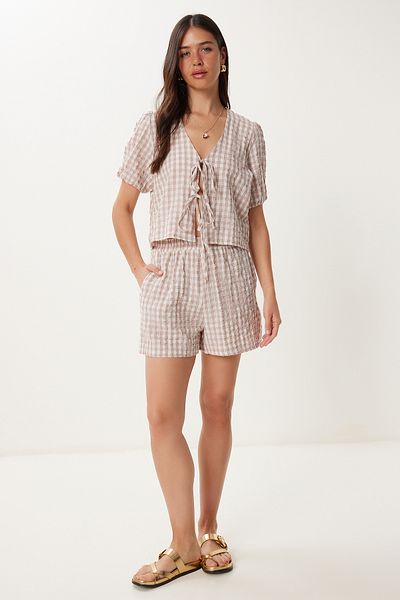 Lovelyİstanbul Checkered Blouse Shorts Woven Suit Beige Lfk0016