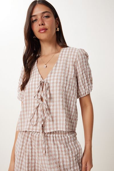 Lovelyİstanbul Checkered Blouse Shorts Woven Suit Beige Lfk0016