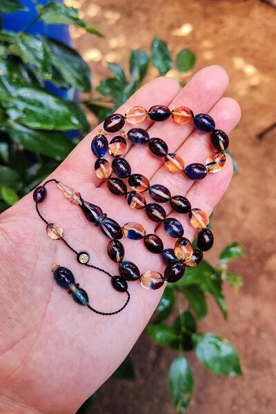 Vip Kehribar 8x11 ملم مسبحة من العقيق الأزرق الشفاف من آيهان توران مصنوعة يدويًا