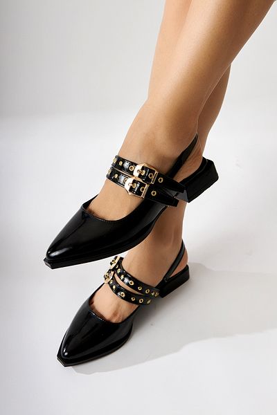Limoya Siran Black Patent Leather Double Strap Women's Sandals