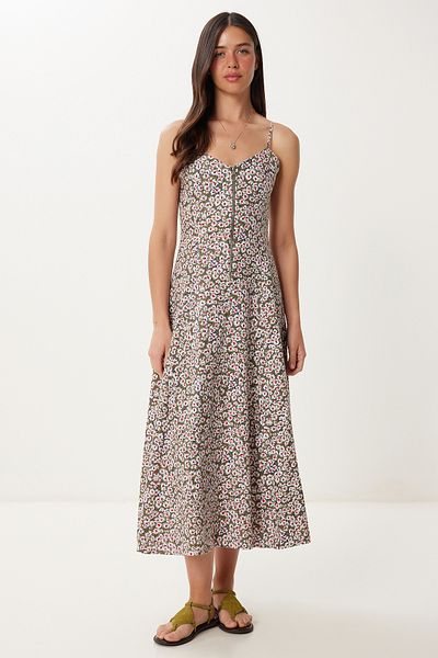 Lovelyİstanbul Patterned Midi Linen Dress with Strap Khaki Bone Lfk0019
