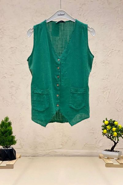 GÜLDEN KATRAN V-Neck Buttoned Linen Vest