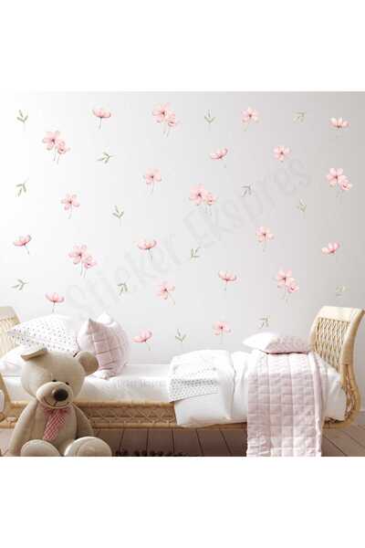 Sticker Ekspres Pembe Bahar Çiçekleri Ve Yapraklar Çiçek Çocuk Odası Duvar Sticker Seti
