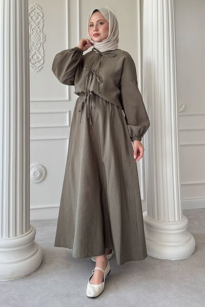 InStyle Khaki Suit with Tie Detail Skirt