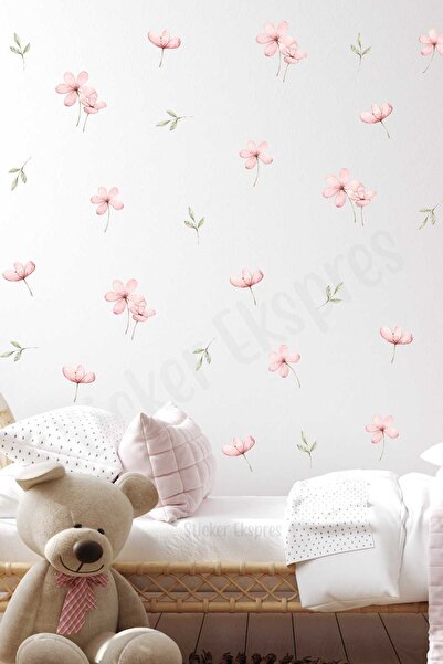 Sticker Ekspres Pembe Bahar Çiçekleri Ve Yapraklar Çiçek Çocuk Odası Duvar Sticker Seti