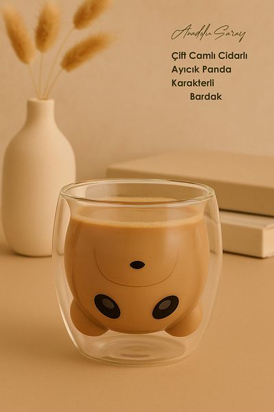 Anadolu Saray Double Glassed Teddy Bear Panda Character Fun Design Borosilicate Glass Mug Cup