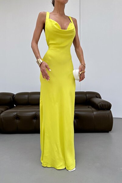 mylove Sırtı Çapraz Saten Elbise Sarı