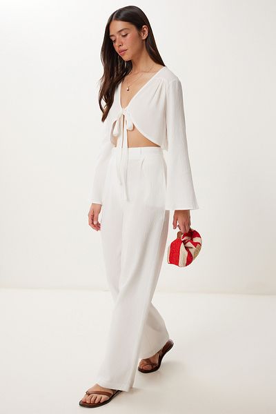 Lovelyİstanbul Linen Blouse Pants Set with Tie Detail Ecru Lbv0068