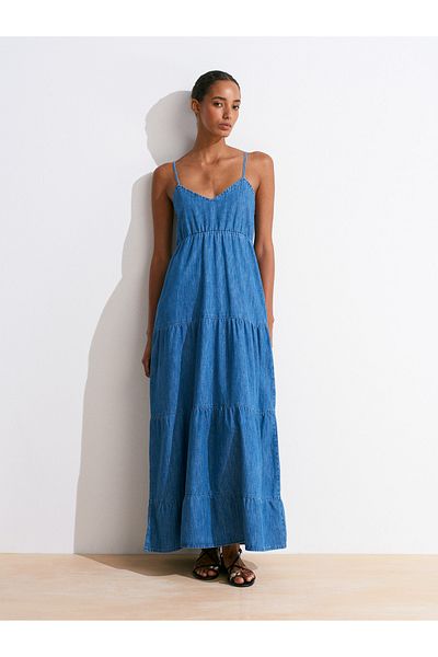 Dilvin 90566 Rochie lungă din denim din piese-Albastru
