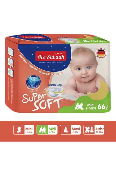 Ace Sabaah Super Soft Dry Diapers, Natural Comfort, Size 3, Medium 5-10kg, 1 Pack 66 Diaper Mega Pac