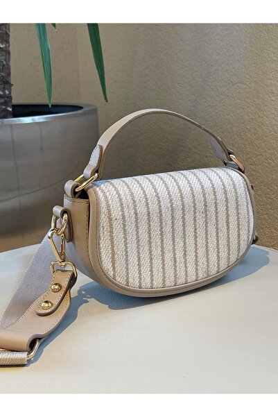 nura Κρεμ γυναικεία ριγέ τσάντα χεριών και ώμου μοντέλου Half Moon