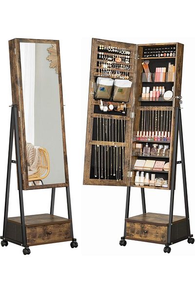 SONGMICS Floor Mirror with Mobile Stand on Wheels, Storage Space, 42x37x153 Cm, Rustic Brown