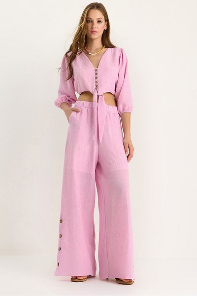 Bianco Lucci Women's Tie Detail Blouse Lined Pants with Buttoned Pants Lined Bottom-Top Set 9266 60281046
