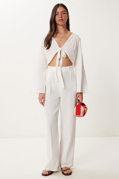 Lovelyİstanbul Linen Blouse Pants Set with Tie Detail Ecru Lbv0068