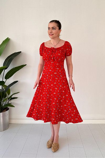 Dks Life Boat Neck Tie Front Floral Patterned Chest Gathered Midi Dress