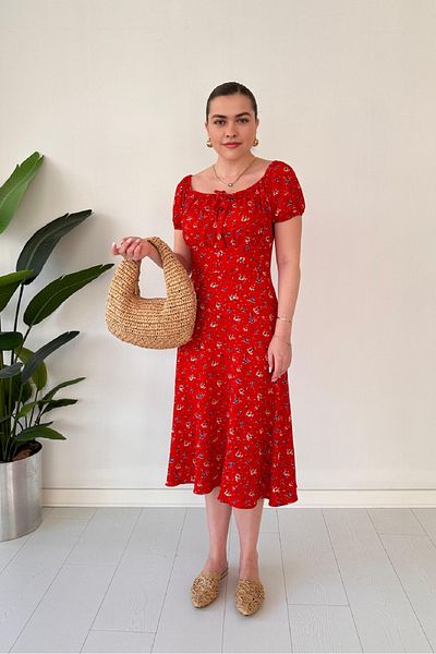 Dks Life Boat Neck Tie Front Floral Patterned Chest Gathered Midi Dress