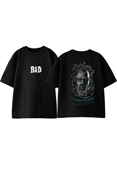 Anetos تي شيرت من القطن الأسود كبير الحجم مطبوع من الأمام والخلف باللون الأبيض