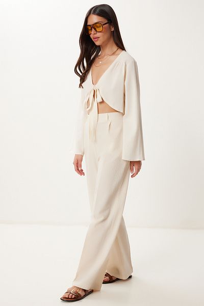 Lovelyİstanbul Linen Blouse Pants Set with Tie Detail Cream Lbv0068