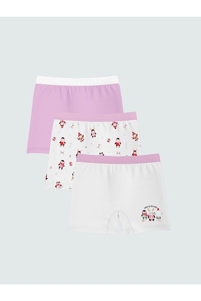 LC Waikiki Lcw kids ecru new year's themed girl's boxer set of 3