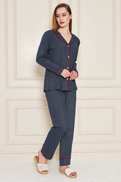 JADİYA Polka Dot Navy Blue Women's Pajama Set