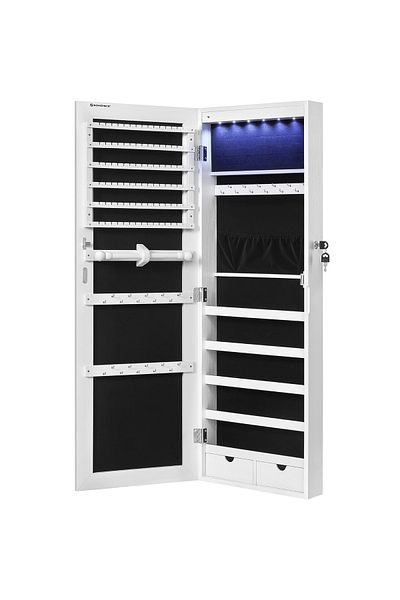 SONGMICS Jewelry Cabinet With Mirror, Wall Mounted, LED Lights, 37x10x120cm, White