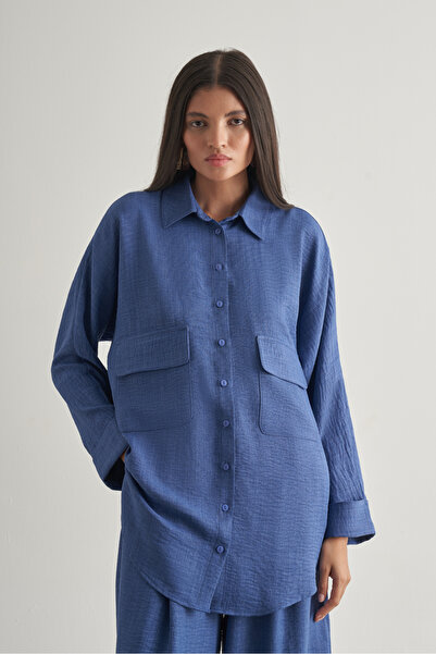 Mizalle Keten Dokulu Torba Cepli Indigo Mavi Tunik