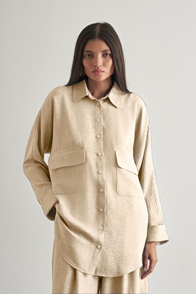 Mizalle Keten Dokulu Torba Cepli Bej Rengi Tunik