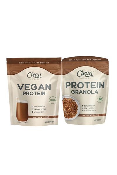 Clean Powders Vegan Protein 600 Gr Chocolate - Protein Granola 300 Gr Chocolate Chip Set of 2