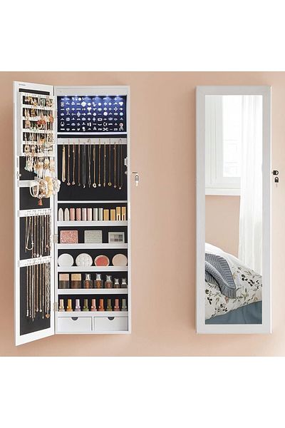 SONGMICS Jewelry Cabinet With Mirror, Wall Mounted, Lock, 37x10x120cm, White