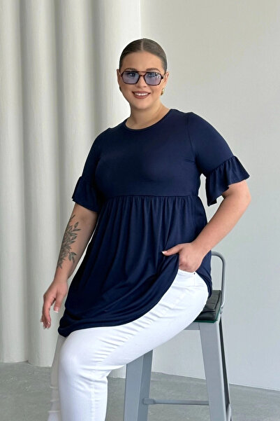 Stil Diva Plus Size Sleeve Detailed Elastic Waist Pleated Tunic T-Shirt T42