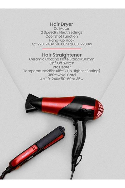 Geepas Professional Hair Dryer & Straightener Kit - 2 Speed Settings, 2-in-1 Travel Styler with Cera