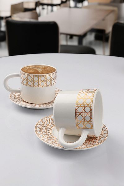 Porselen Diyarı Shiny Gilded 2-Piece Double Large Size Ceramic Coffee Cup