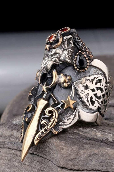 Diriliş Takı Bozkurt Kılıç Ay Yıldız İşlemeli Gümüş Zihgir Yüzük