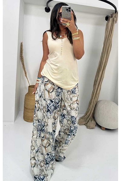 Sohotique By P Linen Texture Patterned Trousers Beige-Blue