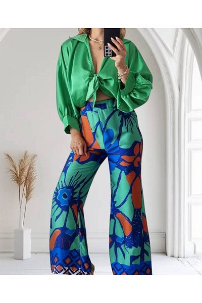 GLAMSI Floral Print Satin Set – Wide Leg Pants & Elegant Top
