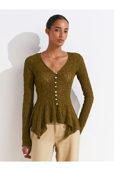 Dilvin 60433 Button Peplum Lace Cardigan-Dark Green
