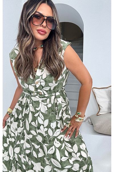 Sohotique By P Patterned Japanese Sleeve Viscose Dress Khaki