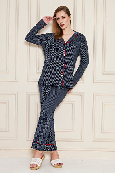 JADİYA Polka Dot Navy Blue Women's Pajama Set
