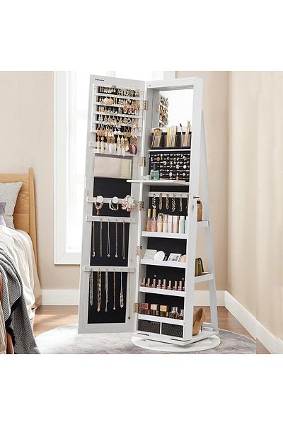 SONGMICS Floor mirror with 360° rotating stand, with storage space, 55x55x162 cm, white